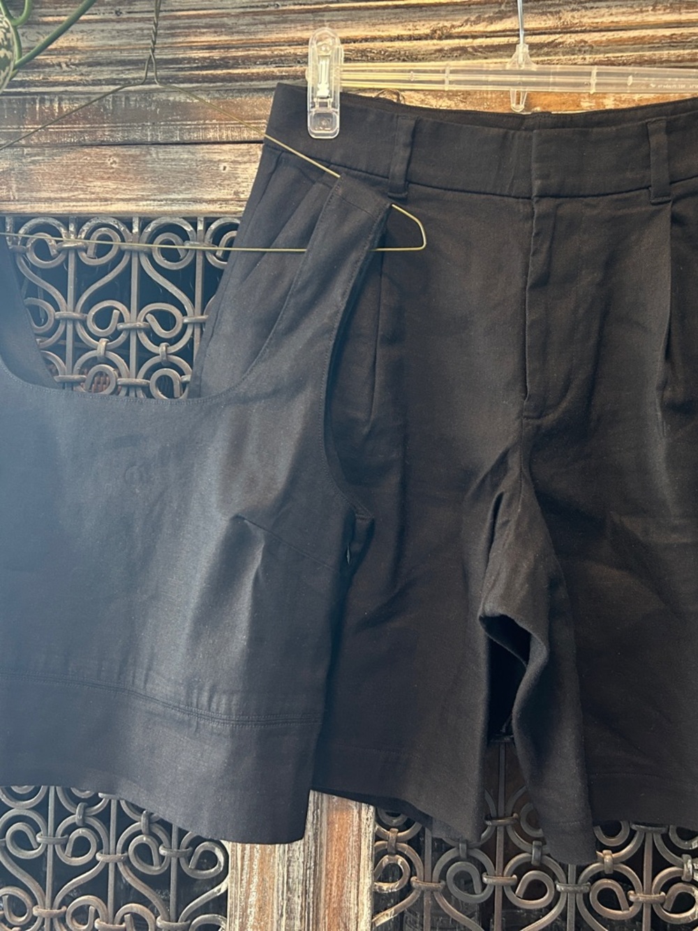 Everlane Black Linen Short Set, Pleated Shorts and Cropped Square Neck Tank Top